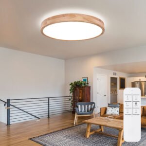 Didelis LED lubinis šviestuvas 60cm 48W su nuotolinio valdymo pulteliu ir medžio apdaila (CCT, pritemdomas)